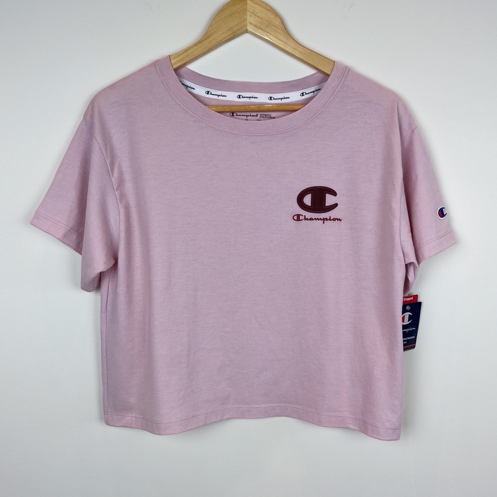 New Champion Women’s Cotton Cropped Logo Tee in Hush Pink
